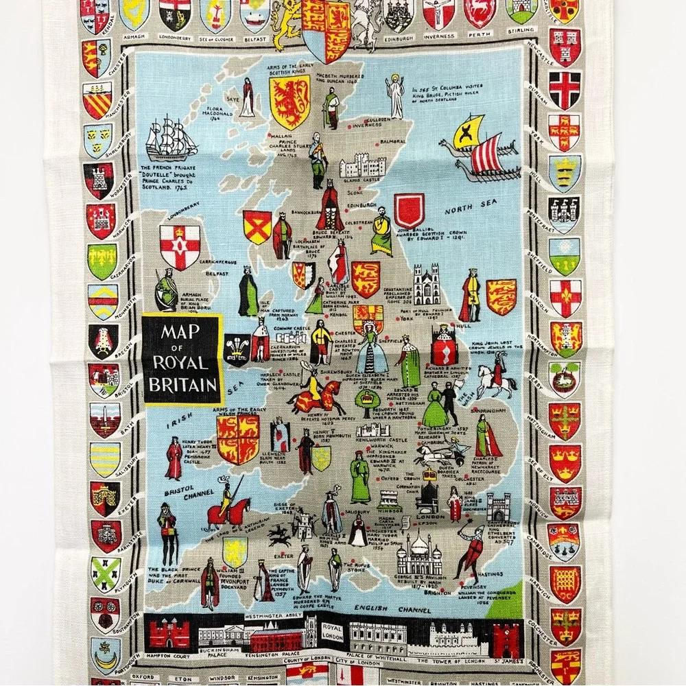 Irish Linen Map of Royal Britain Tea Towel Kitchen Decor Vintage Souvenir